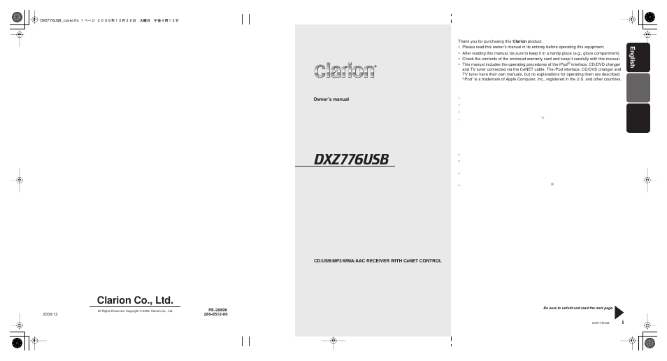 Dxz776usb, Clarion co., ltd, English i | Clarion DXZ776usb User Manual | Page 44 / 44