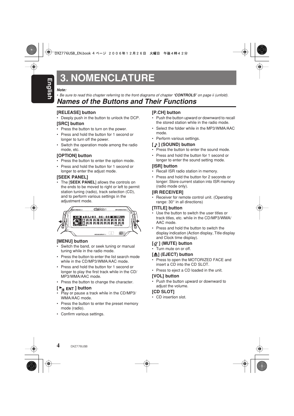 Nomenclature, Names of the buttons and their functions, English 4 | Clarion DXZ776usb User Manual | Page 6 / 44