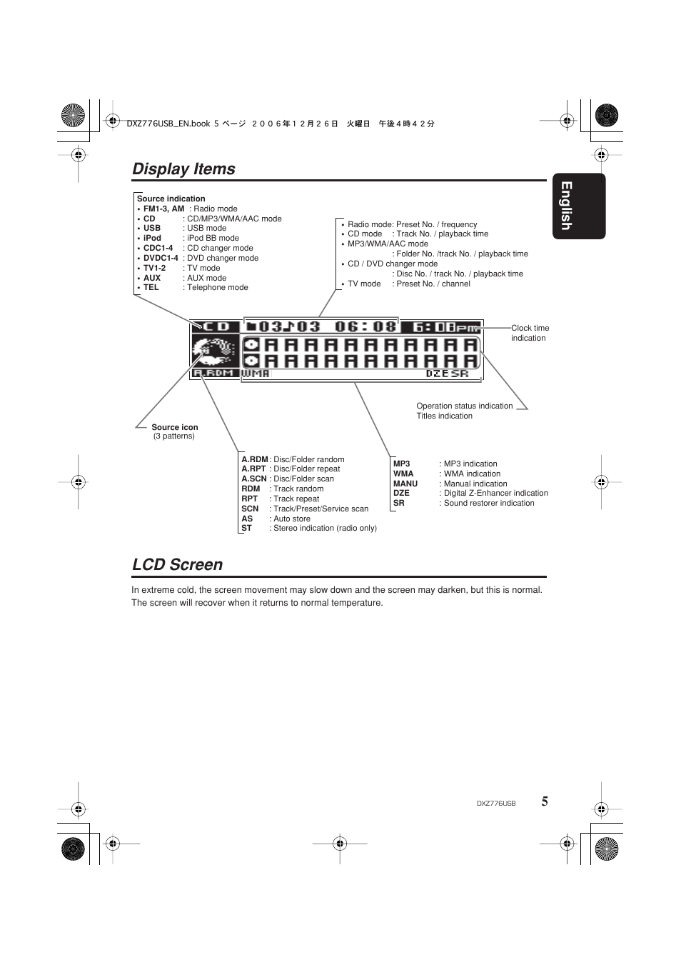 Display items, Lcd screen, Display items lcd screen | English 5 | Clarion DXZ776usb User Manual | Page 7 / 44