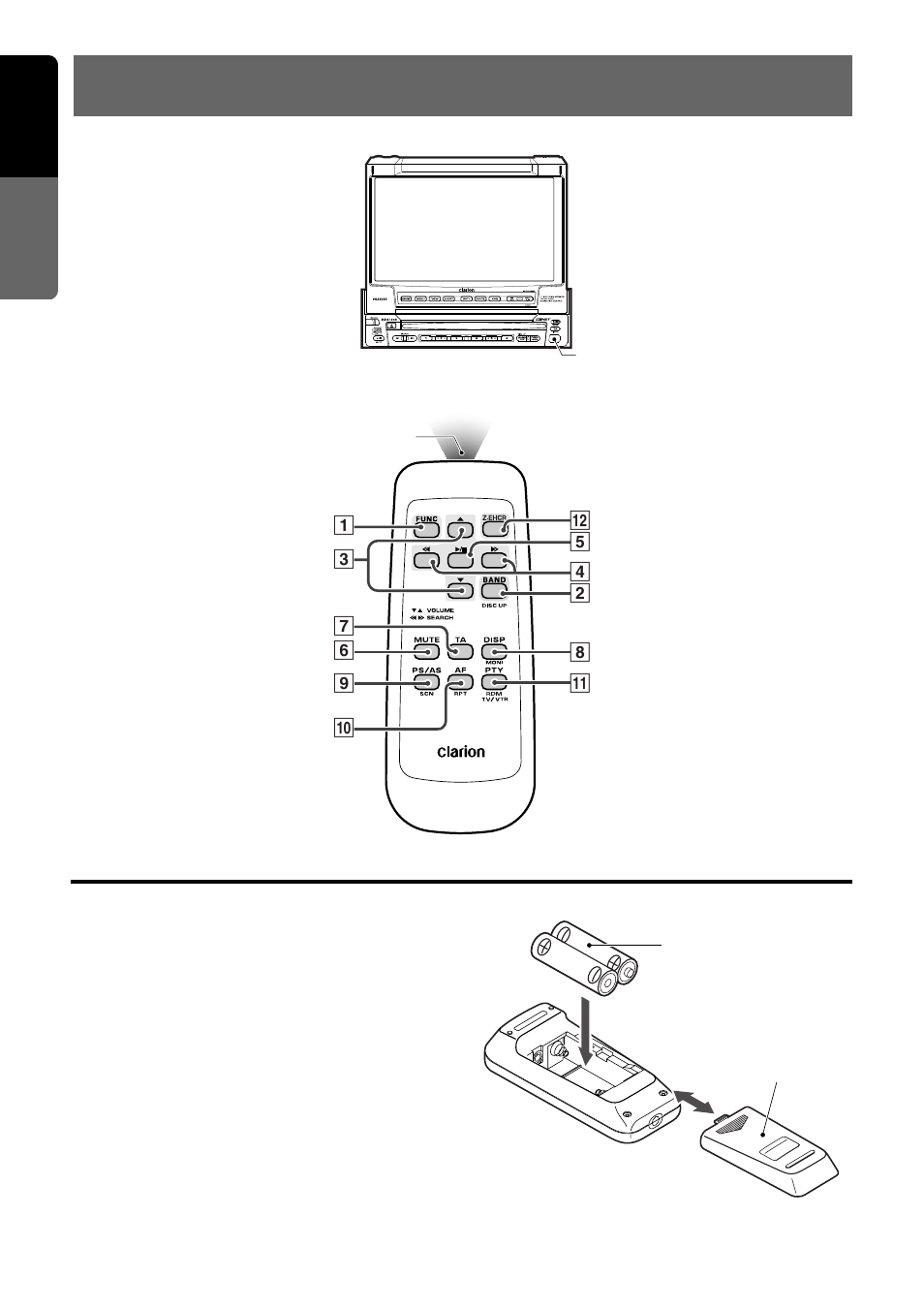 Remote control, Inserting the batteries, Remote control unit | English | Clarion VRX938R User Manual | Page 8 / 51