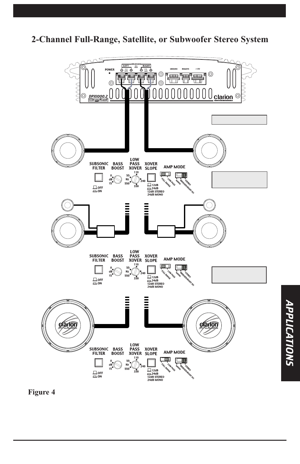 Owner's manual, Applic a t ions | Clarion 2/1 Channel Power Amplifier DPX1000.2 User Manual | Page 7 / 16