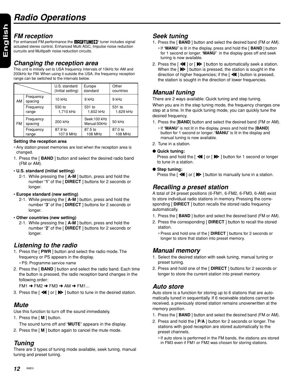 Radio operations, English, Seek tuning | Manual tuning, Recalling a preset station, Auto store, Fm reception, Changing the reception area, Listening to the radio, Mute | Clarion XMD3 User Manual | Page 10 / 20