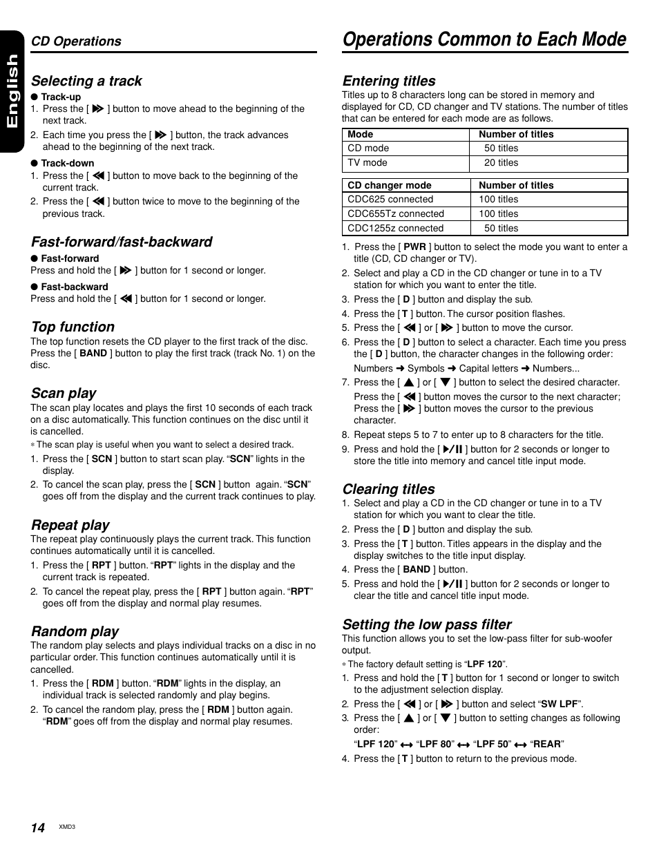 Operations common to each mode, English, Selecting a track | Fast-forward/fast-backward, Top function, Scan play, Repeat play, Random play, Entering titles, Clearing titles | Clarion XMD3 User Manual | Page 12 / 20