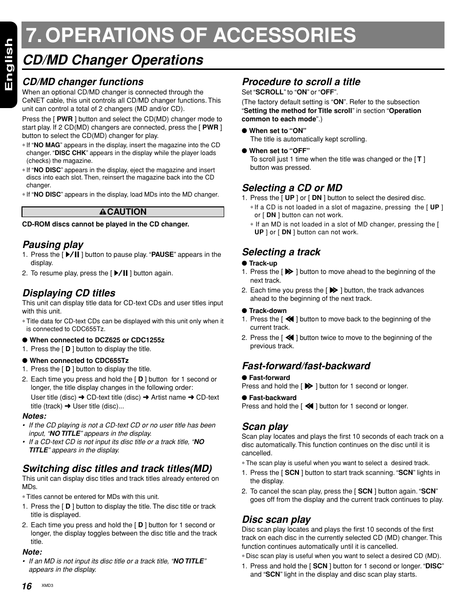 Operations of accessories, Cd/md changer operations, English | Cd/md changer functions, Pausing play, Displaying cd titles, Switching disc titles and track titles(md), Procedure to scroll a title, Selecting a cd or md, Selecting a track | Clarion XMD3 User Manual | Page 14 / 20