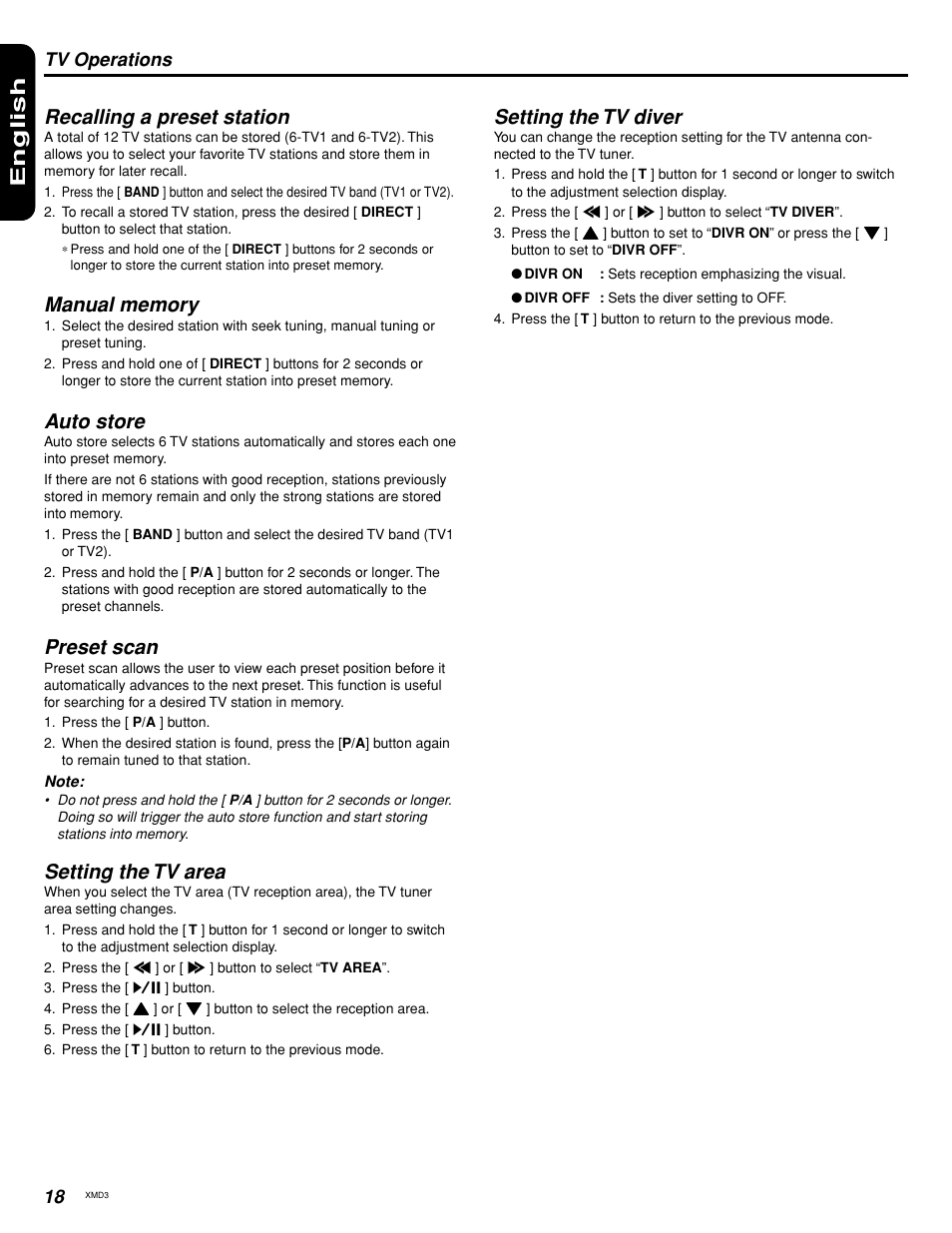 English, Recalling a preset station, Auto store | Preset scan, Setting the tv area, Setting the tv diver, Tv operations | Clarion XMD3 User Manual | Page 16 / 20