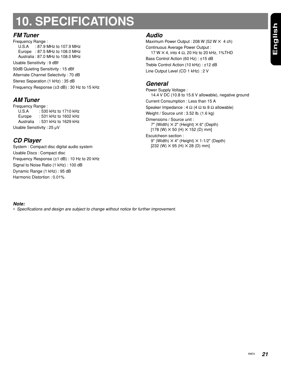 Specifications, English, Fm tuner | Am tuner, Cd player, Audio, General | Clarion XMD3 User Manual | Page 19 / 20