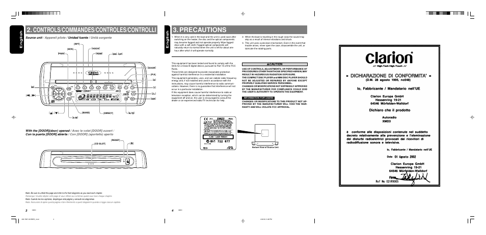 Precautions, Controls/commandes/controles/controlli, English | Clarion XMD3 User Manual | Page 2 / 20