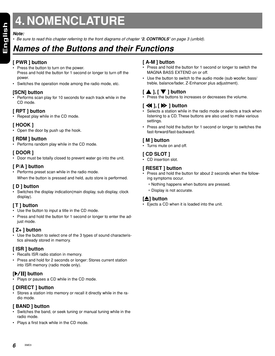 Nomenclature, Names of the buttons and their functions, English | Clarion XMD3 User Manual | Page 4 / 20