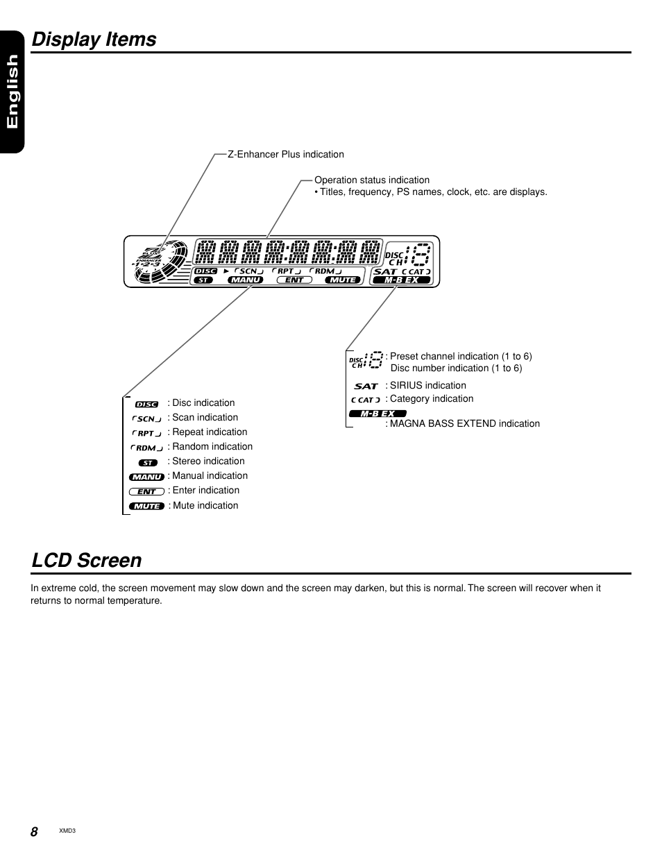 Lcd screen, Display items, English | Clarion XMD3 User Manual | Page 6 / 20