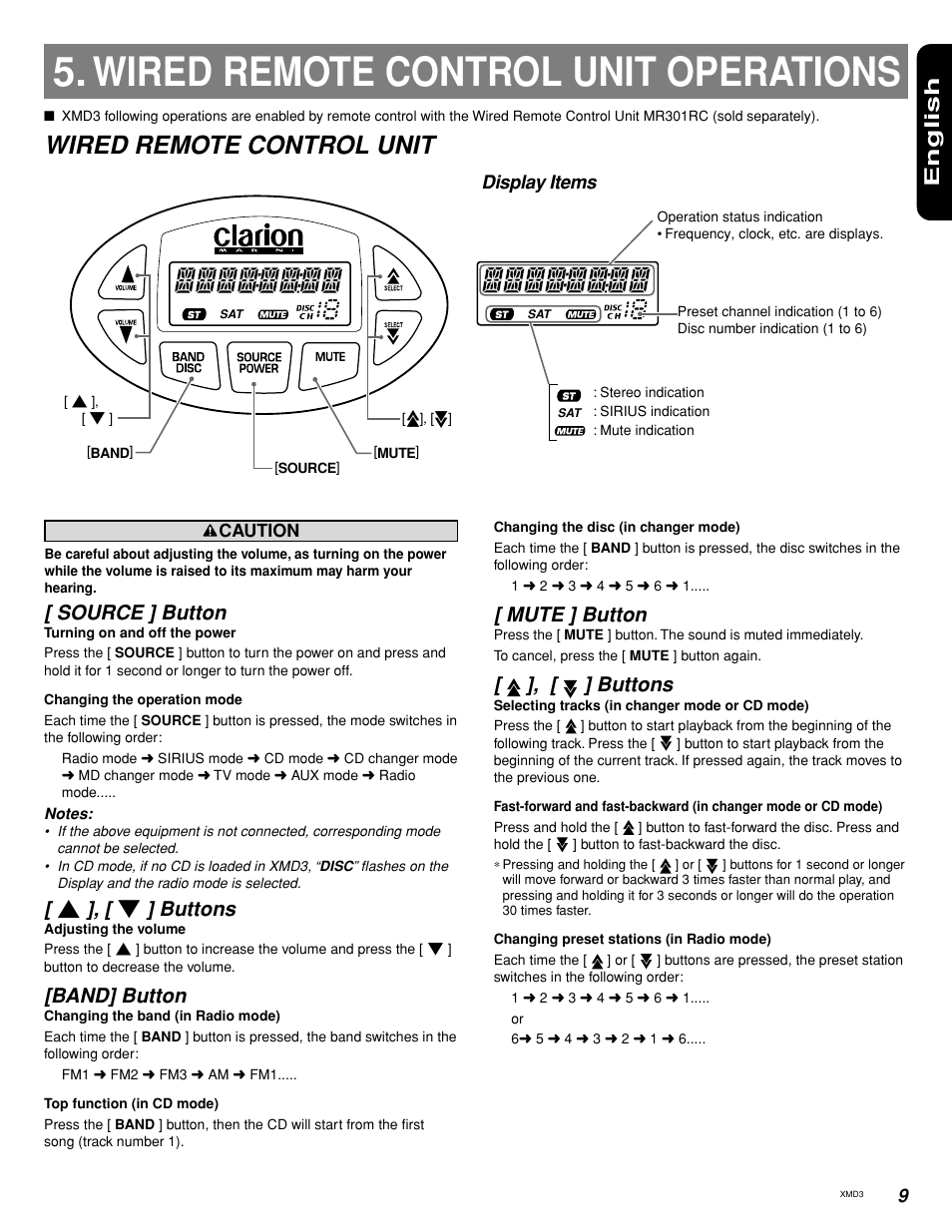 Wired remote control unit operations, Wired remote control unit, English | Source ] button, W ], [ z ] buttons, Band] button, Mute ] button, Buttons, Display items | Clarion XMD3 User Manual | Page 7 / 20