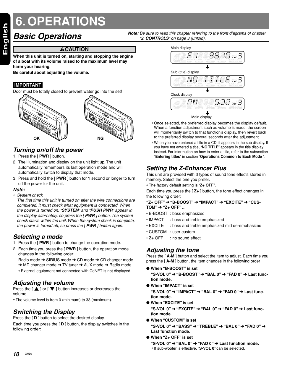 Operations, Basic operations, English | Turning on/off the power, Selecting a mode, Adjusting the volume, Switching the display, Setting the z-enhancer plus, Adjusting the tone | Clarion XMD3 User Manual | Page 8 / 20