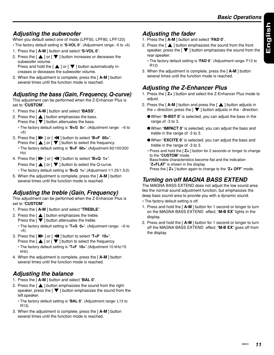 English, Adjusting the subwoofer, Adjusting the bass (gain, frequency, q-curve) | Adjusting the treble (gain, frequency), Adjusting the balance, Adjusting the fader, Adjusting the z-enhancer plus, Turning on/off magna bass extend, Basic operations | Clarion XMD3 User Manual | Page 9 / 20