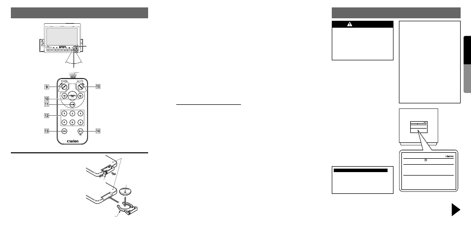 Precautions, Remote control, Warning | Inserting the battery, Índice, English, Tvx5653, Español, Information for users, Remote control unit | Clarion TVX5653 User Manual | Page 4 / 18