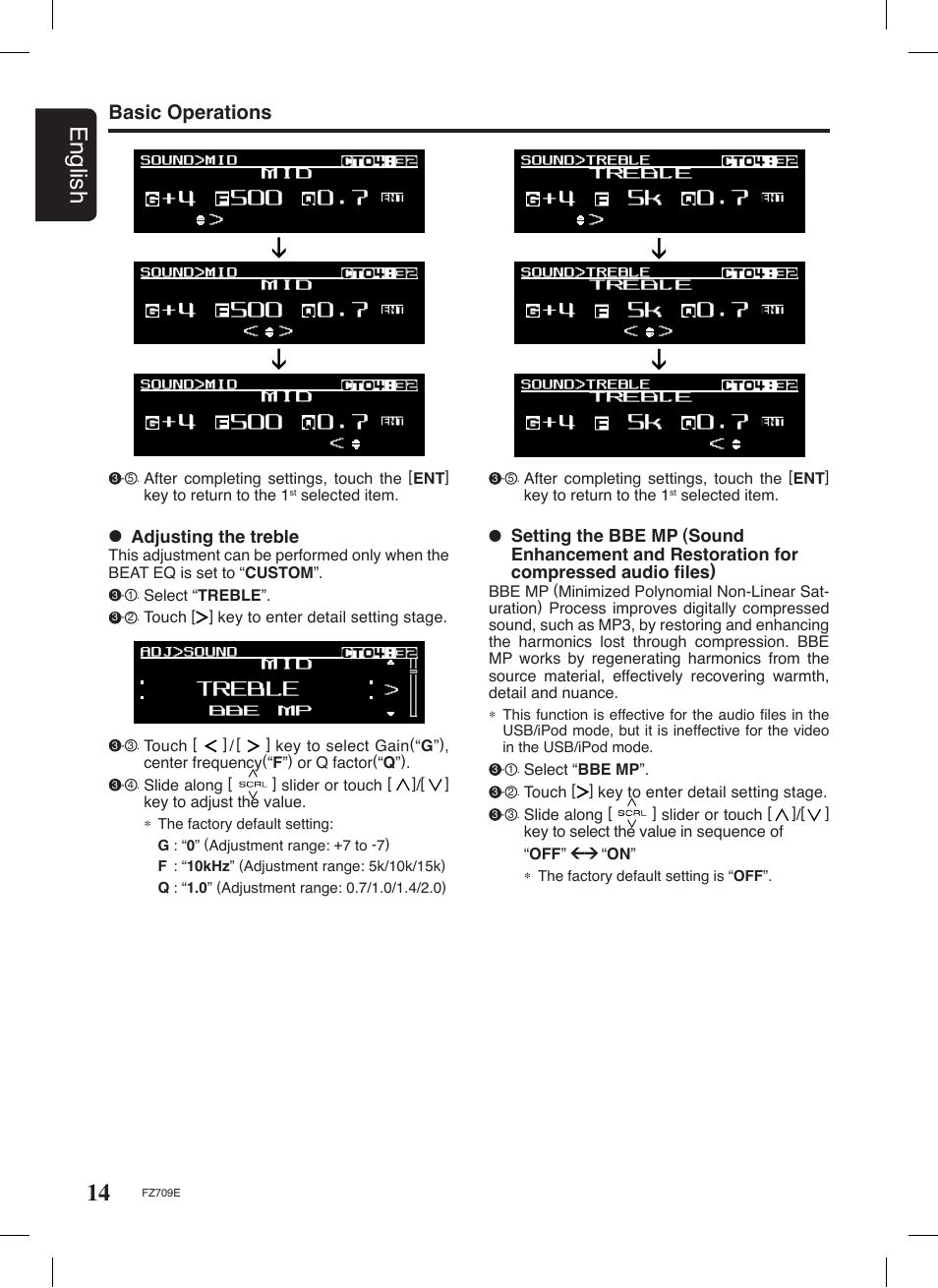 14 english, Basic operations, Adjusting the treble | Clarion FZ709E User Manual | Page 10 / 40