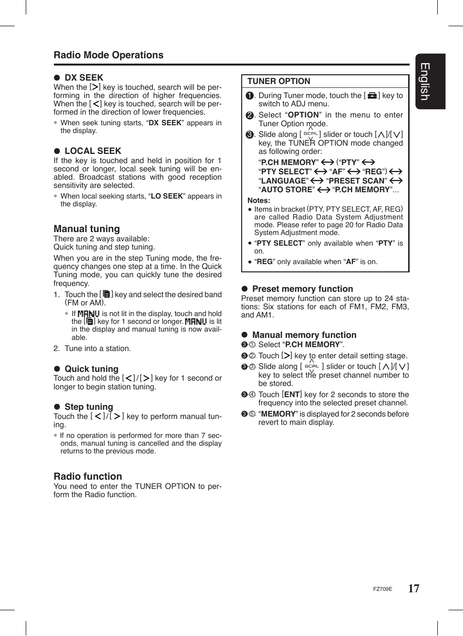 17 english, Radio function, Manual tuning | Radio mode operations | Clarion FZ709E User Manual | Page 13 / 40
