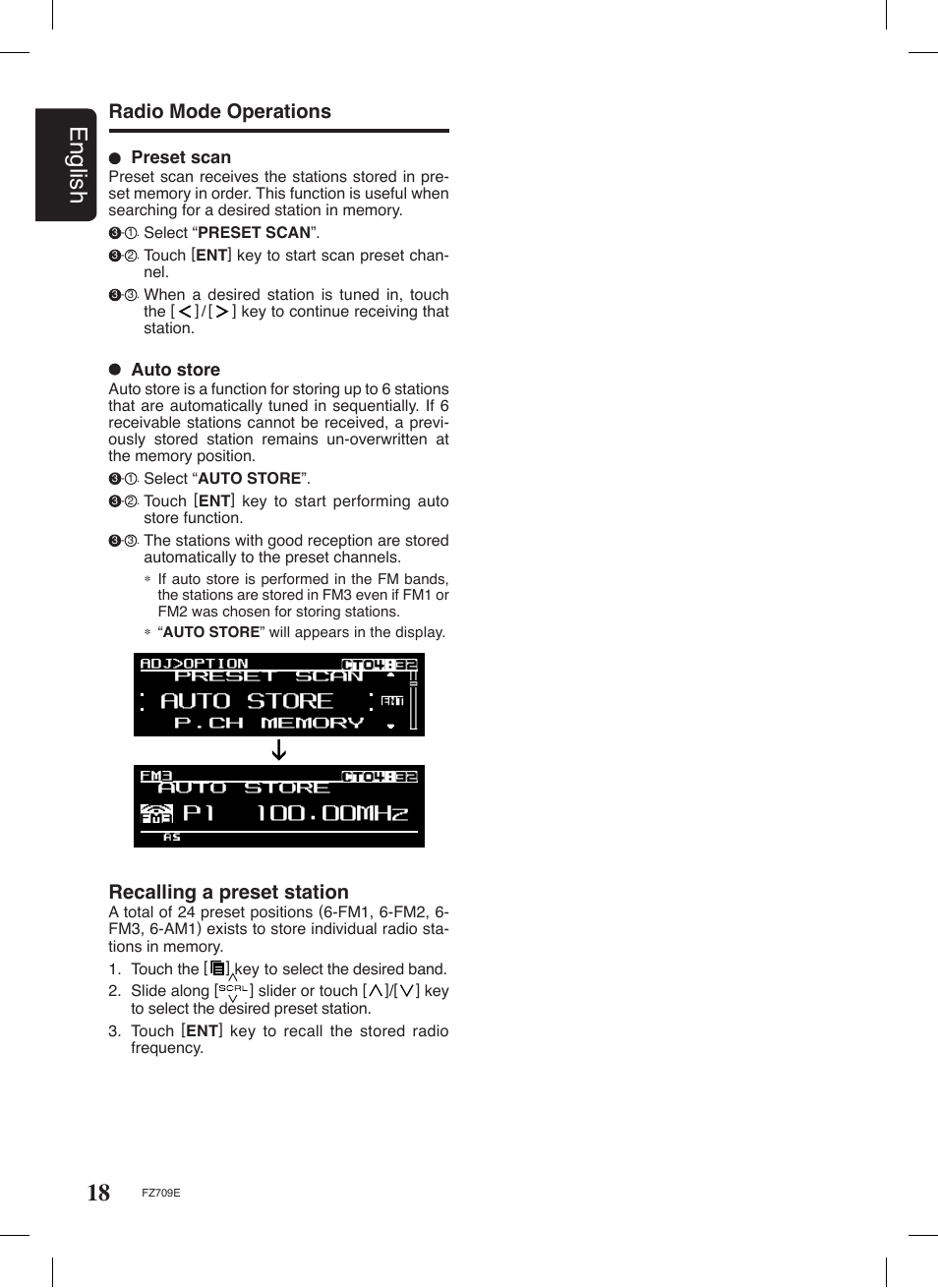 18 english, Radio mode operations, Recalling a preset station | Clarion FZ709E User Manual | Page 14 / 40