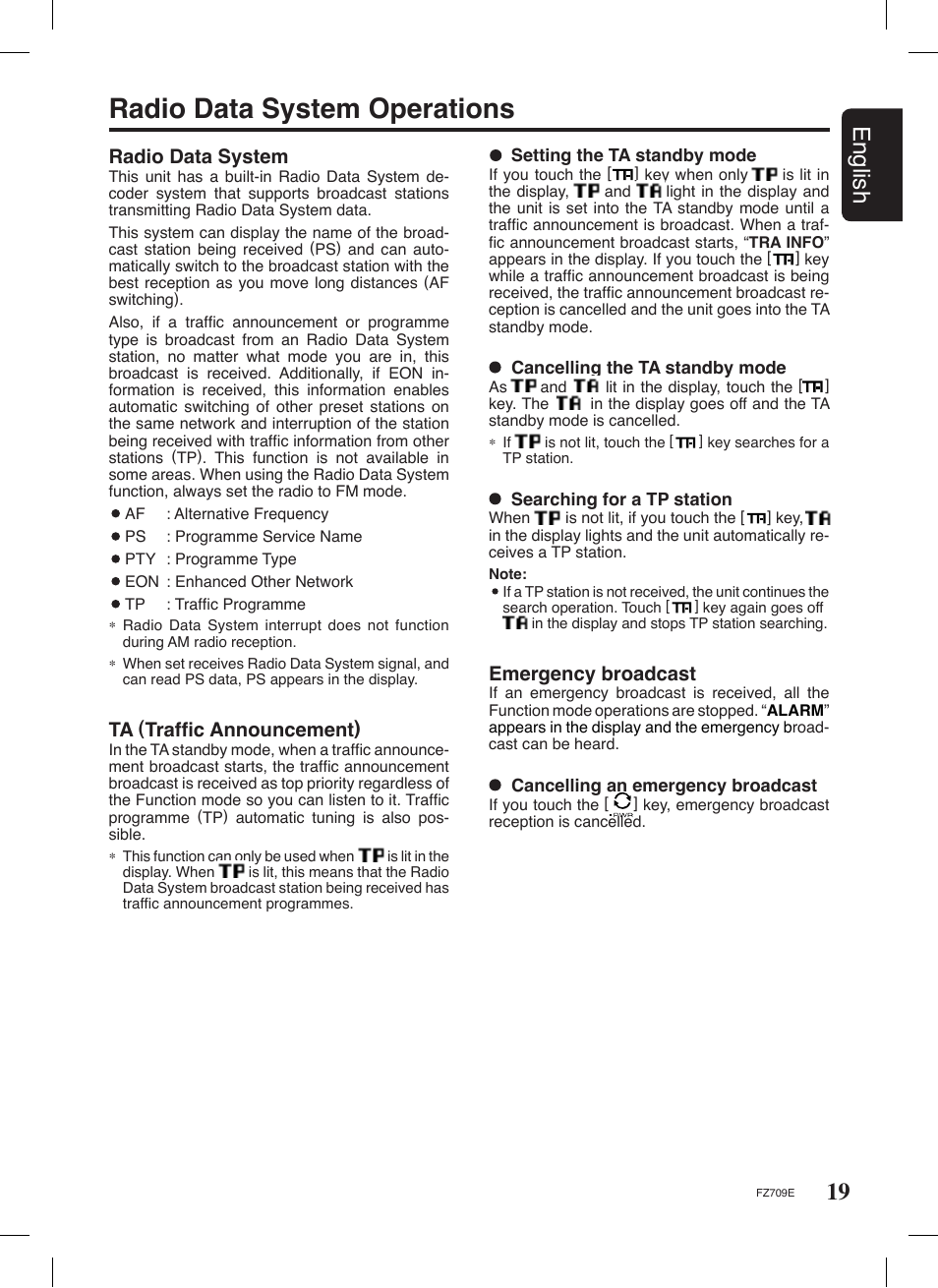 Radio data system operations, 19 english, Radio data system | Ta (trafﬁc announcement), Emergency broadcast | Clarion FZ709E User Manual | Page 15 / 40