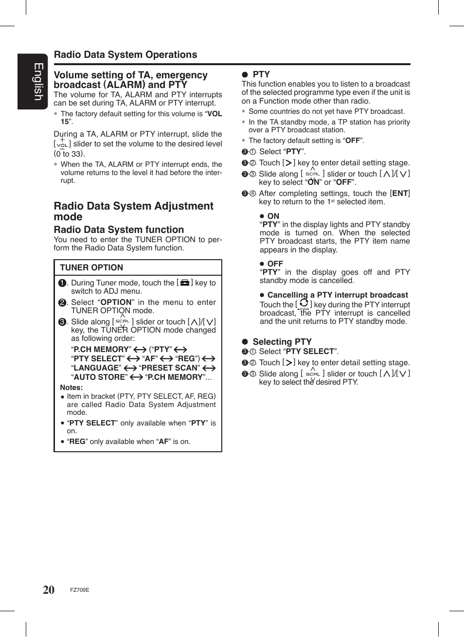 20 english, Radio data system adjustment mode, Radio data system operations | Radio data system function | Clarion FZ709E User Manual | Page 16 / 40