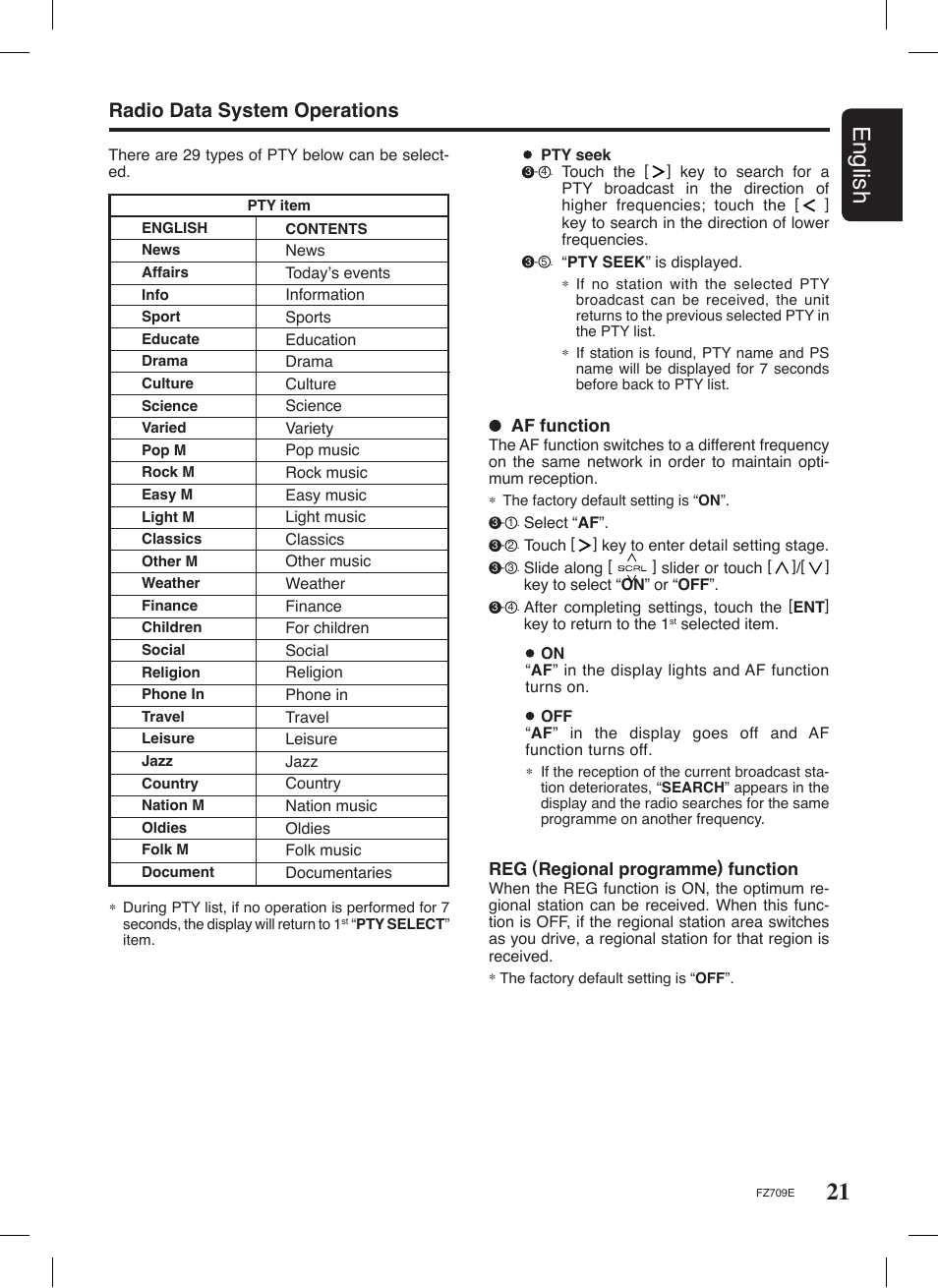 21 english, Radio data system operations | Clarion FZ709E User Manual | Page 17 / 40