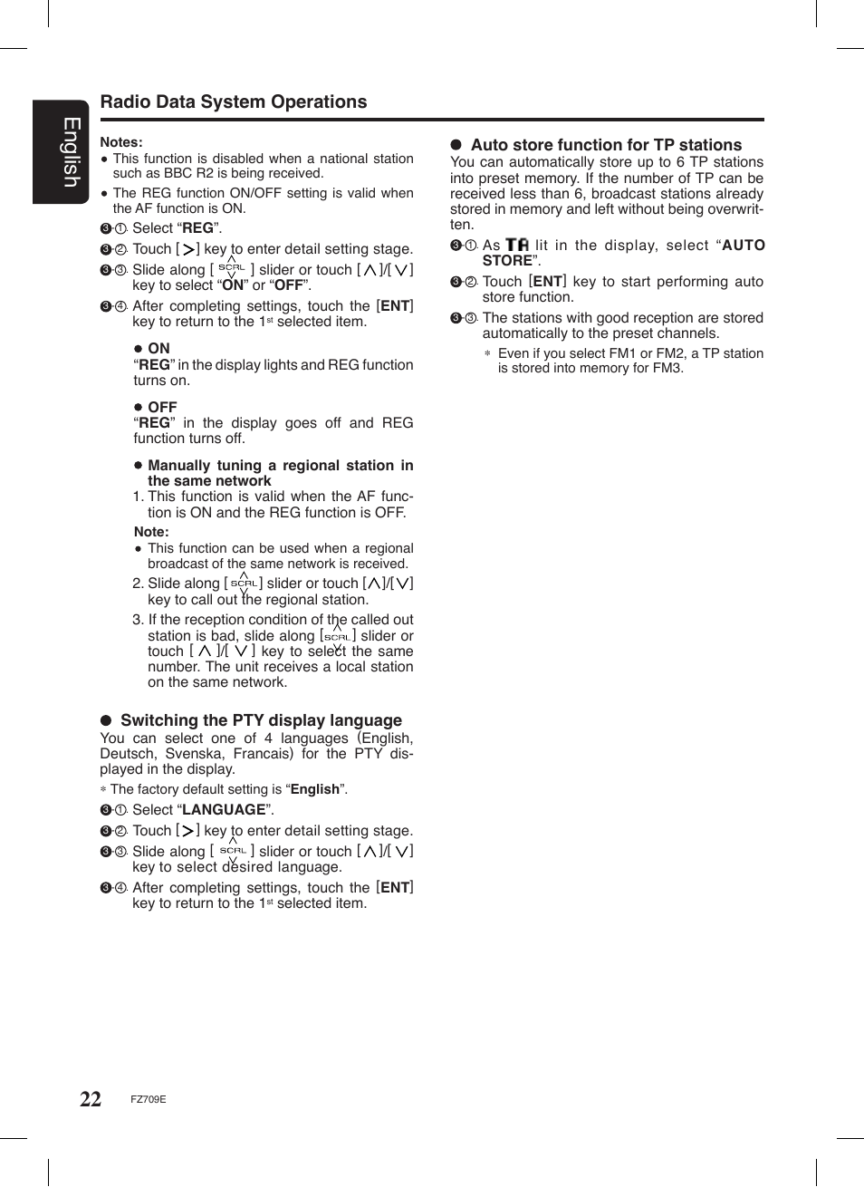 22 english, Radio data system operations, Auto store function for tp stations | Switching the pty display language | Clarion FZ709E User Manual | Page 18 / 40