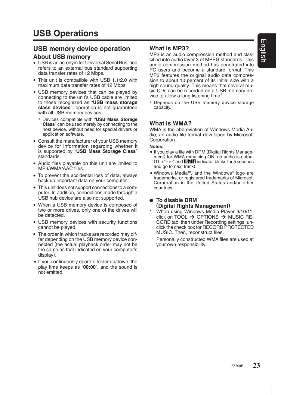 Usb operations, 23 english, What is mp3 | What is wma | Clarion FZ709E User Manual | Page 19 / 40