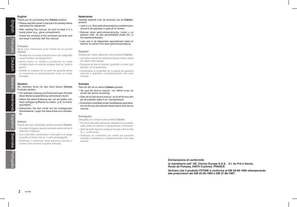 Clarion FZ709E User Manual | Page 2 / 40
