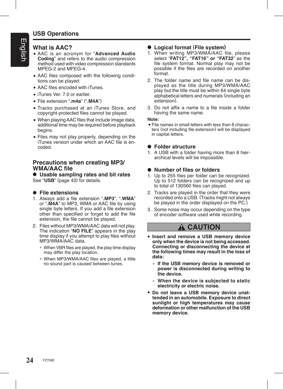 24 english, Caution, Usb operations | Precautions when creating mp3/ wma/aac ﬁle, What is aac | Clarion FZ709E User Manual | Page 20 / 40