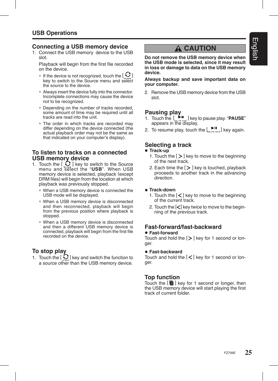 25 english, Caution, Usb operations selecting a track | Pausing play, Fast-forward/fast-backward, Top function | Clarion FZ709E User Manual | Page 21 / 40