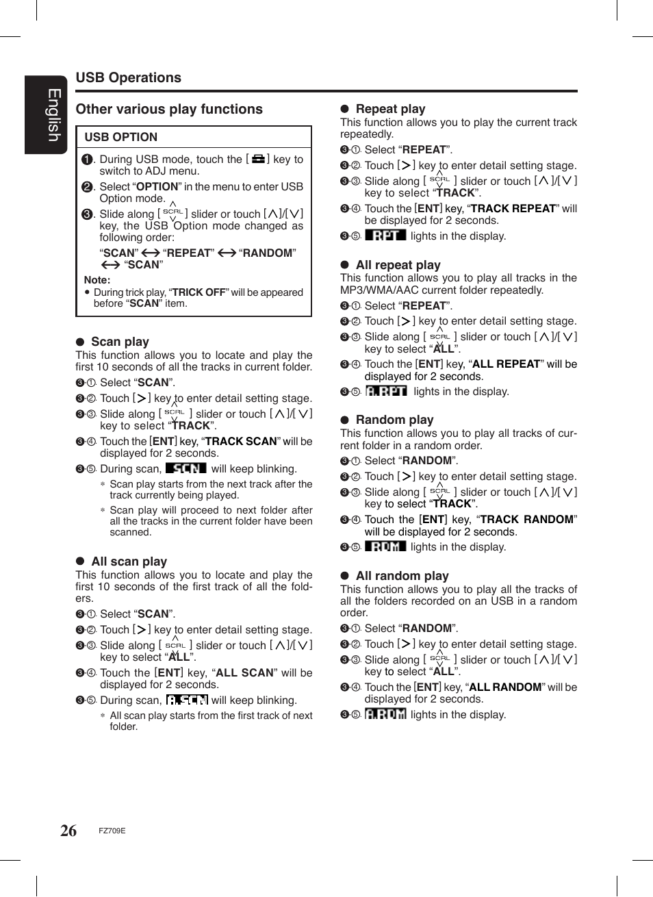 26 english, Usb operations, Other various play functions | All random play, Random play, All repeat play, All scan play, Scan play, Repeat play | Clarion FZ709E User Manual | Page 22 / 40