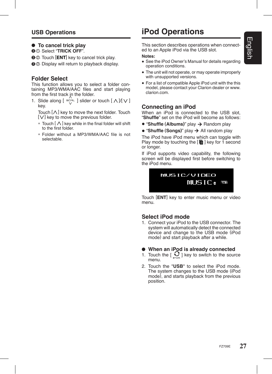 Ipod operations, 27 english, Usb operations folder select | Select ipod mode, Connecting an ipod | Clarion FZ709E User Manual | Page 23 / 40