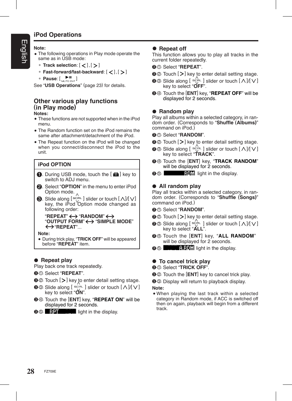28 english, Other various play functions (in play mode), Ipod operations | Repeat play, Repeat off, Random play, All random play | Clarion FZ709E User Manual | Page 24 / 40