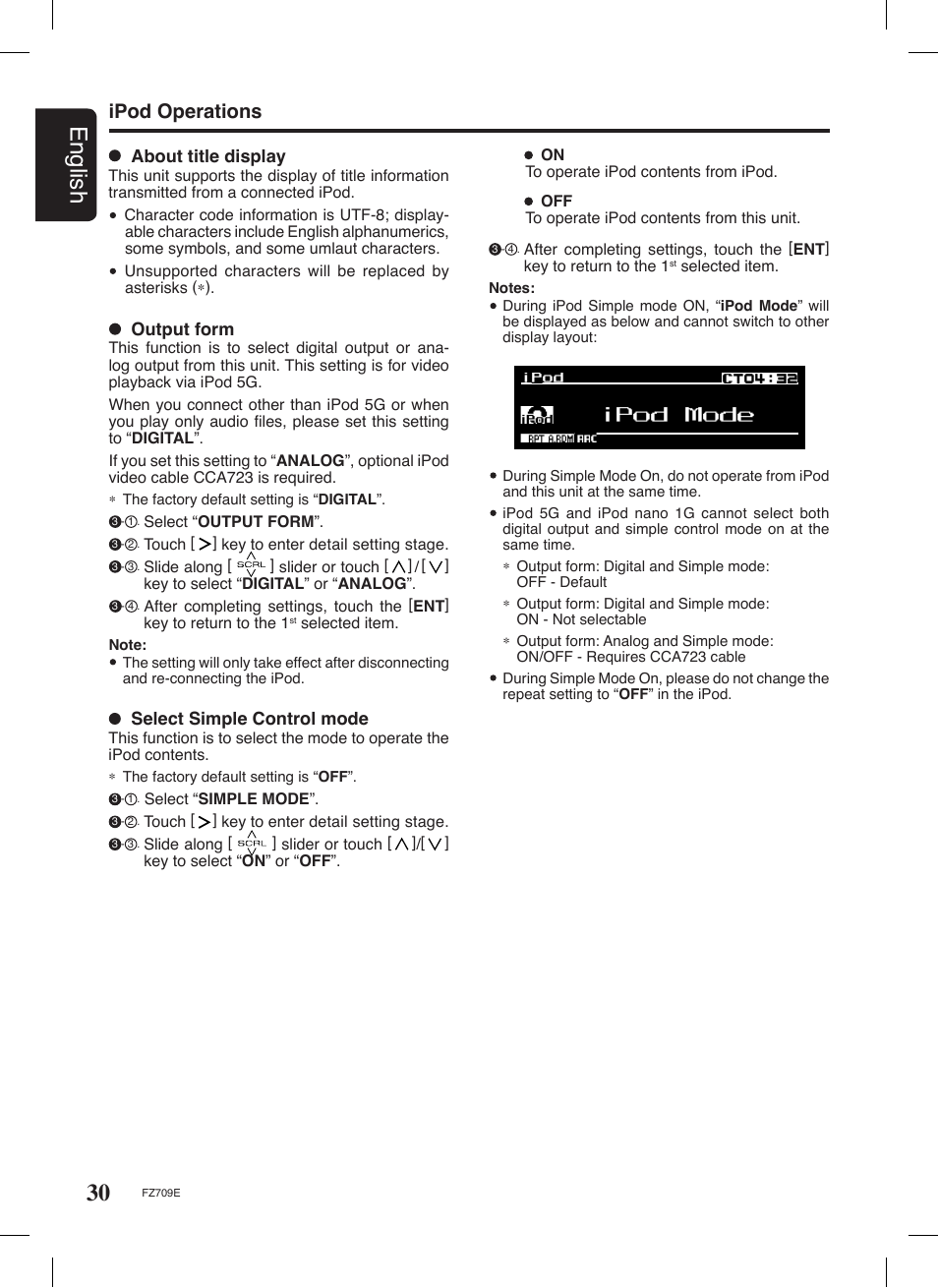 30 english, Ipod operations, Select simple control mode | Output form, About title display | Clarion FZ709E User Manual | Page 26 / 40