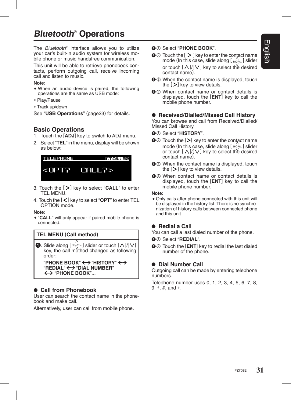 Bluetooth, Operations, 31 english | Basic operations | Clarion FZ709E User Manual | Page 27 / 40
