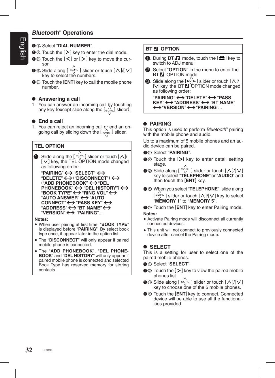 32 english, Bluetooth, Operations | Pairing, Select, Answering a call, End a call | Clarion FZ709E User Manual | Page 28 / 40