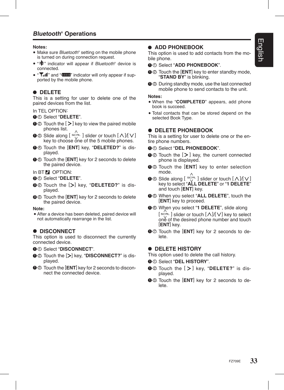 33 english, Bluetooth, Operations | Disconnect, Delete, Add phonebook, Delete phonebook, Delete history | Clarion FZ709E User Manual | Page 29 / 40