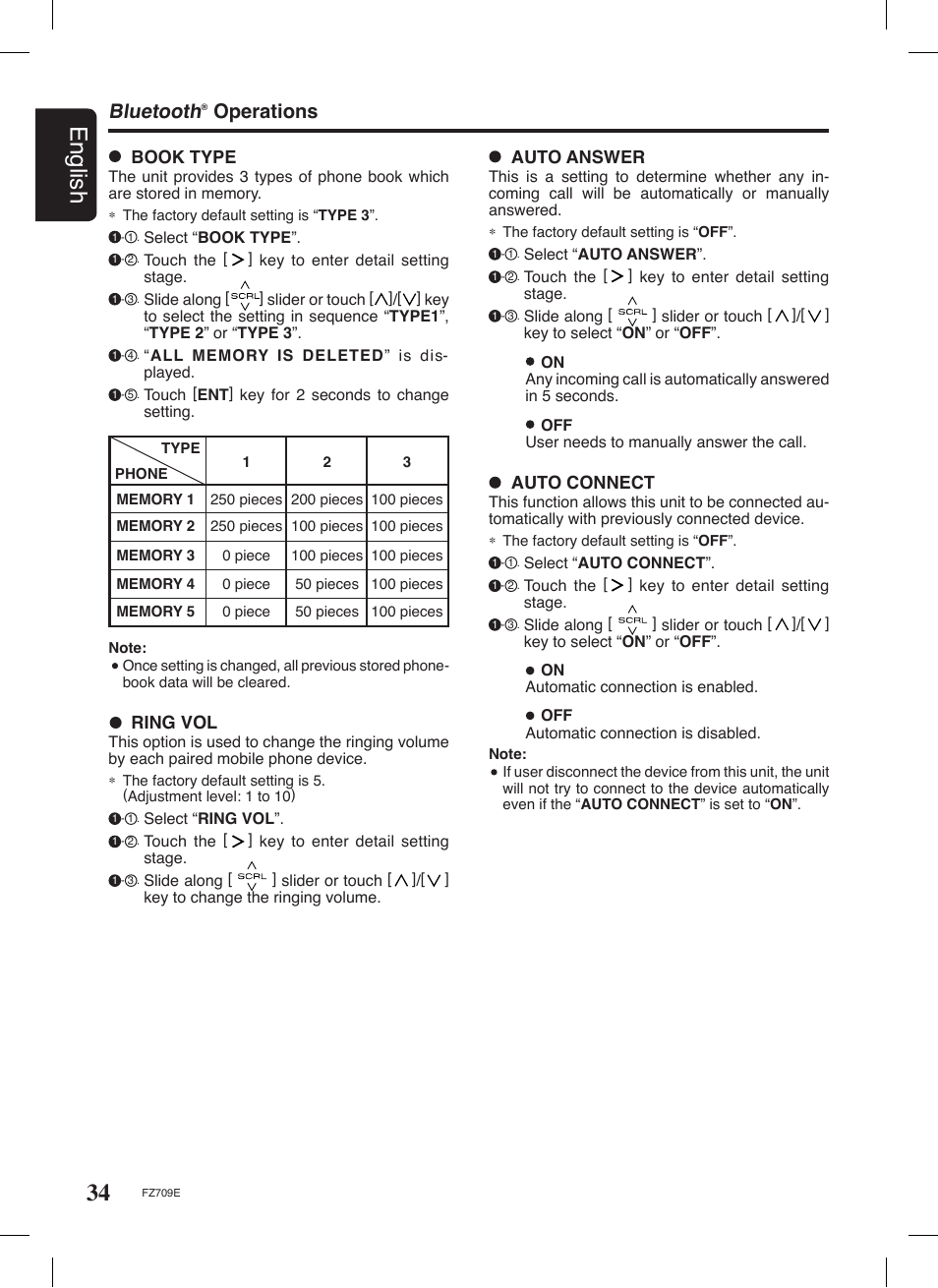 34 english, Bluetooth, Operations | Book type, Ring vol, Auto answer, Auto connect | Clarion FZ709E User Manual | Page 30 / 40