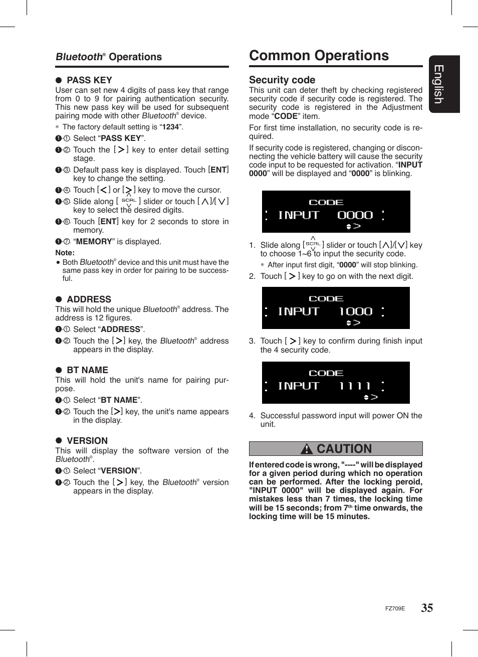 Common operations, 35 english, Caution | Bluetooth, Operations, Security code, Address, Version, Bt name, Pass key | Clarion FZ709E User Manual | Page 31 / 40