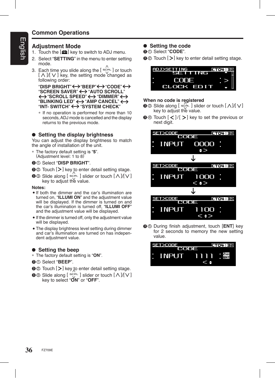 36 english, Adjustment mode, Common operations | Setting the display brightness, Setting the beep, Setting the code | Clarion FZ709E User Manual | Page 32 / 40