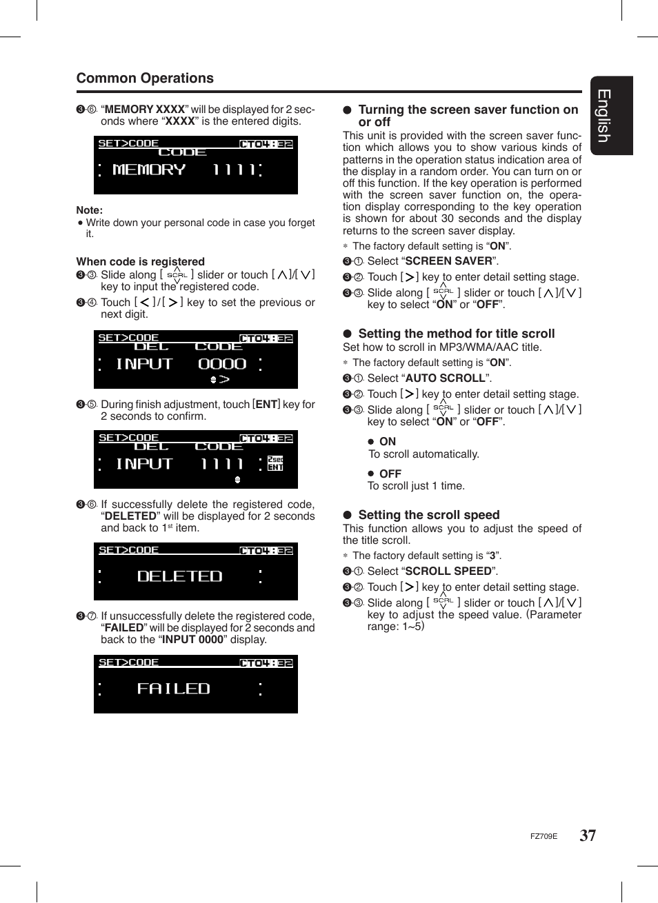 37 english, Common operations, Turning the screen saver function on or off | Setting the scroll speed, Setting the method for title scroll | Clarion FZ709E User Manual | Page 33 / 40