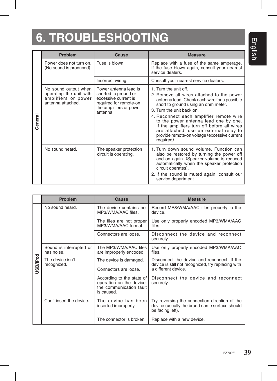 Troubleshooting, 39 english | Clarion FZ709E User Manual | Page 35 / 40