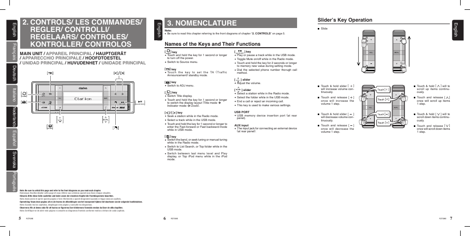 Nomenclature, Names of the keys and their functions, Slider’s key operation | English | Clarion FZ709E User Manual | Page 4 / 40