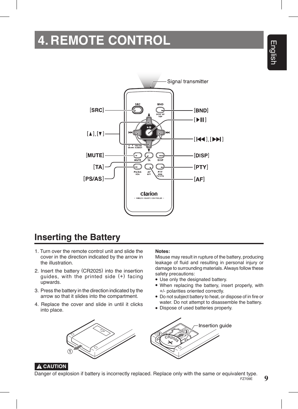 Fz709e_en, Remote control, Inserting the battery | 9english | Clarion FZ709E User Manual | Page 5 / 40