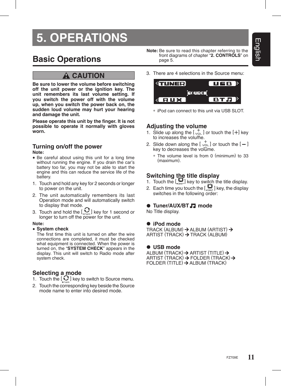 Operations, Basic operations, 11 english | Caution | Clarion FZ709E User Manual | Page 7 / 40