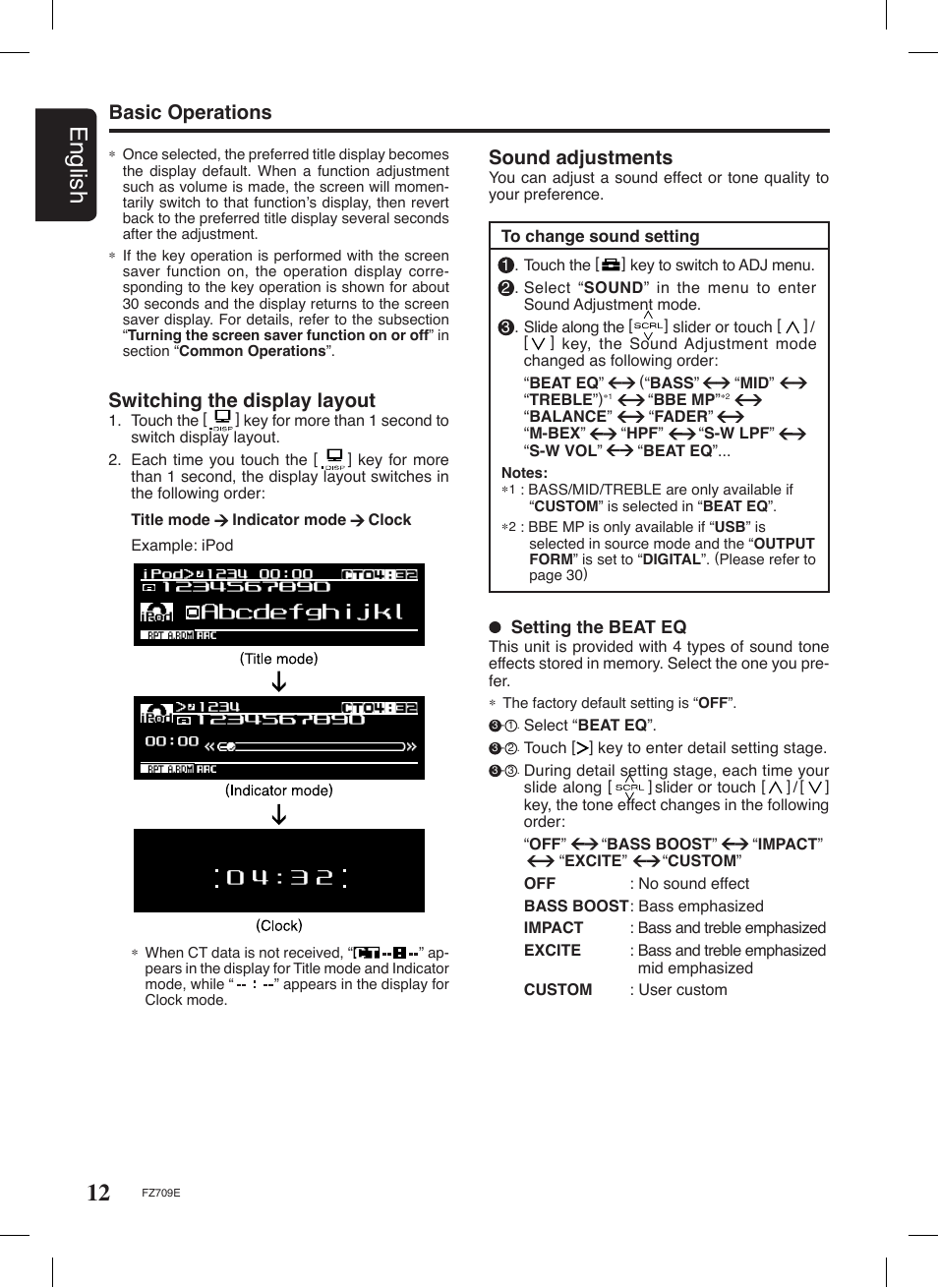 12 english, Basic operations, Sound adjustments | Switching the display layout | Clarion FZ709E User Manual | Page 8 / 40