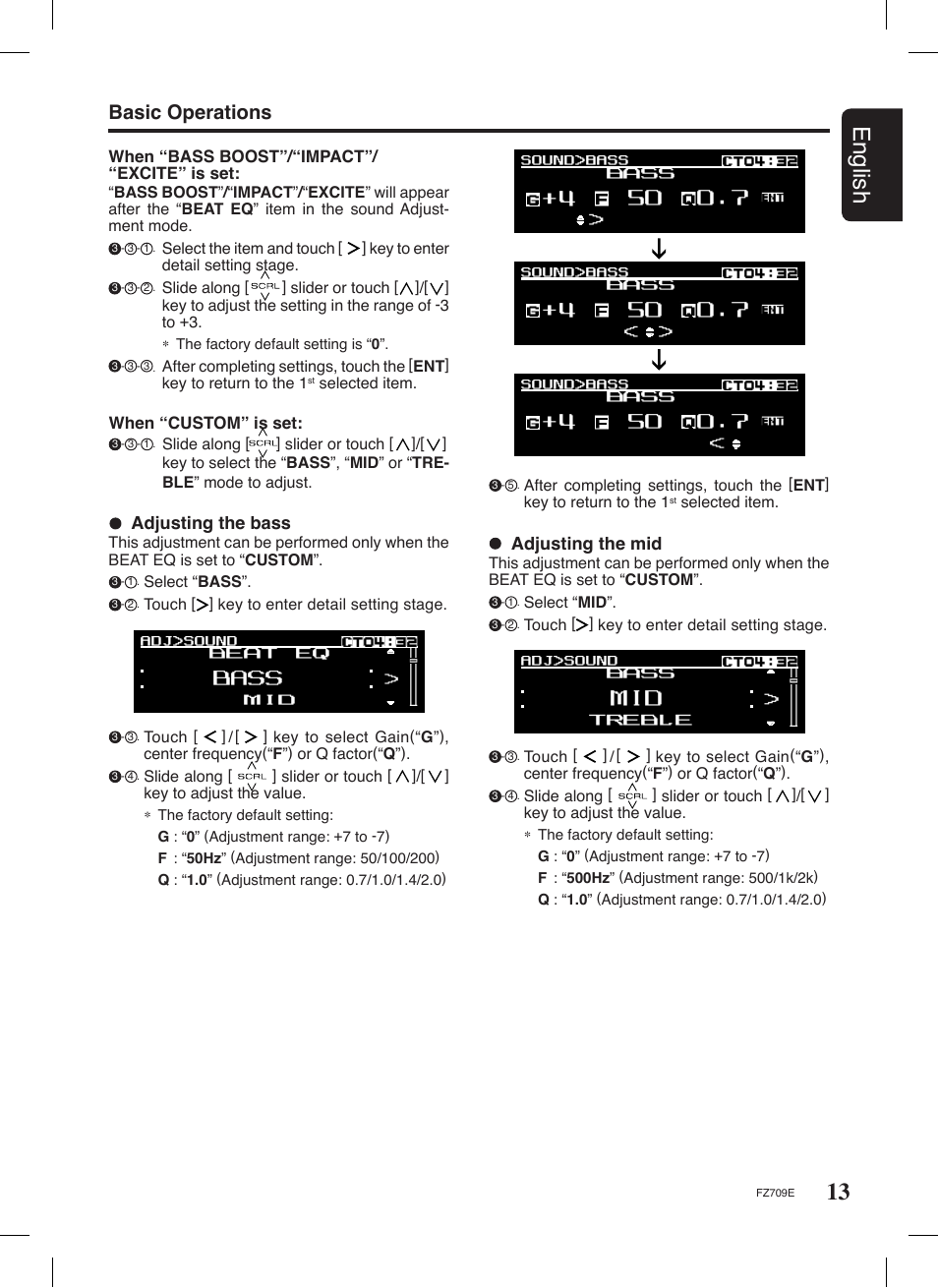 13 english, Basic operations, Adjusting the bass | Adjusting the mid | Clarion FZ709E User Manual | Page 9 / 40