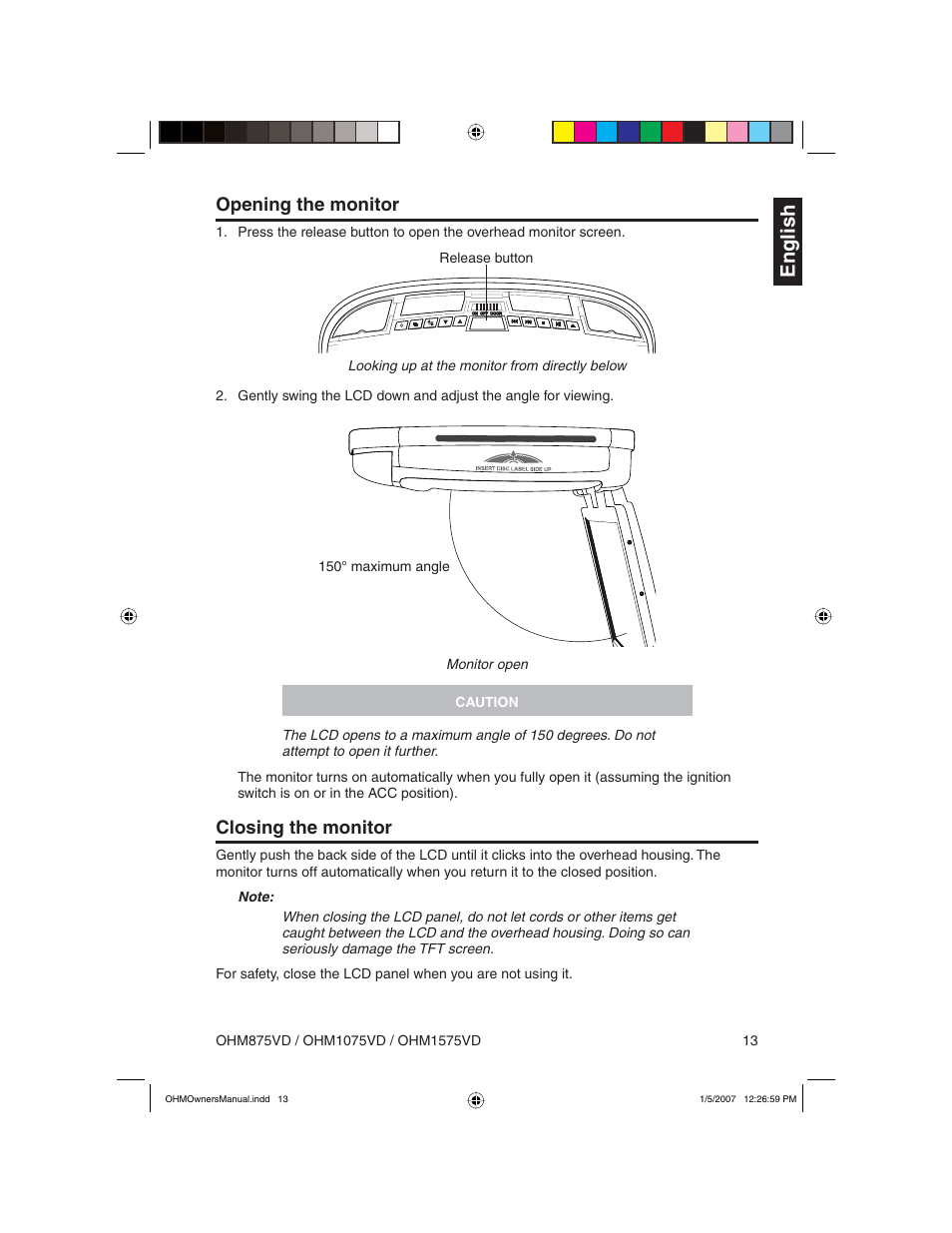 English, Opening the monitor, Closing the monitor | Clarion OHM875VD User Manual | Page 13 / 40