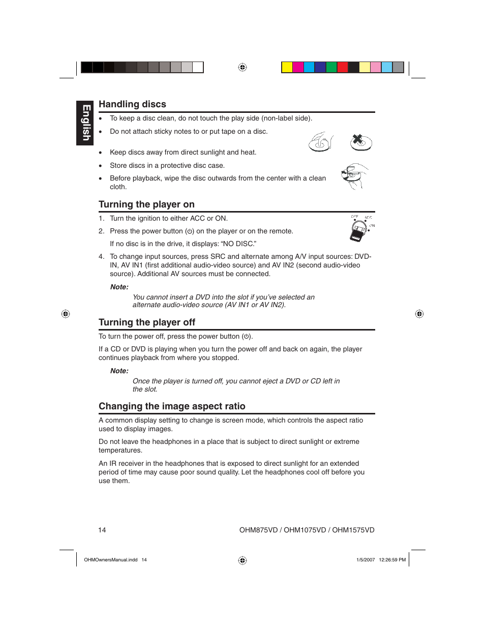 English, Handling discs, Turning the player on | Turning the player off, Changing the image aspect ratio | Clarion OHM875VD User Manual | Page 14 / 40
