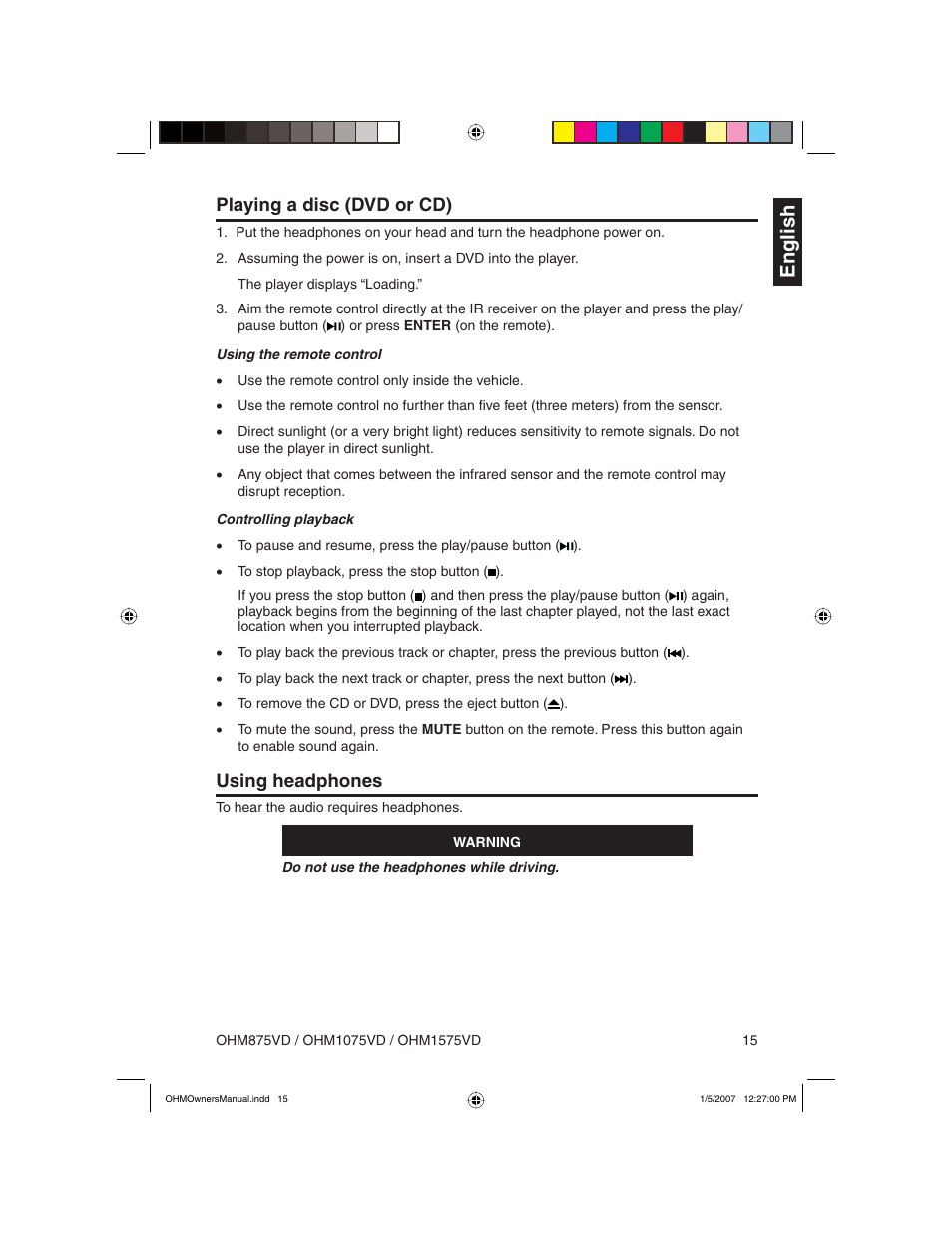 English, Playing a disc (dvd or cd), Using headphones | Clarion OHM875VD User Manual | Page 15 / 40