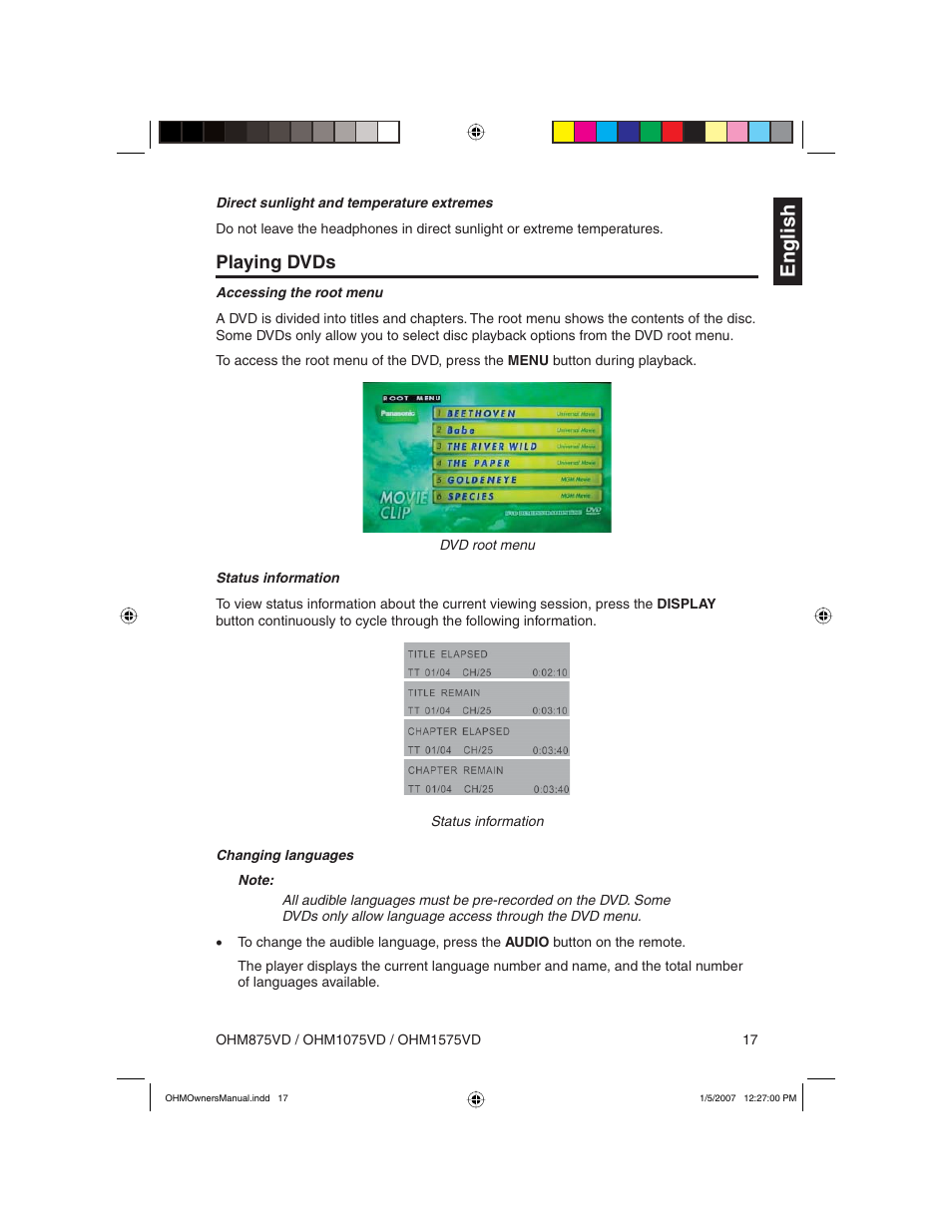 English, Playing dvds | Clarion OHM875VD User Manual | Page 17 / 40
