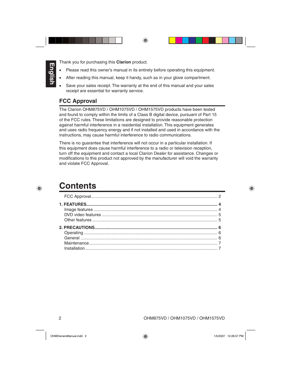 Clarion OHM875VD User Manual | Page 2 / 40
